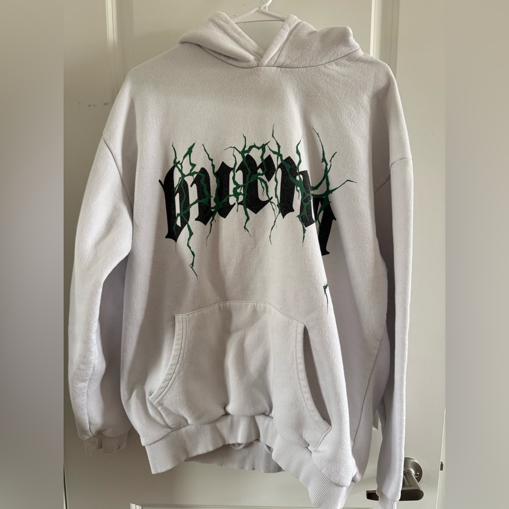 Boohoo Limited Edition White Hoodie with Black and Green Design